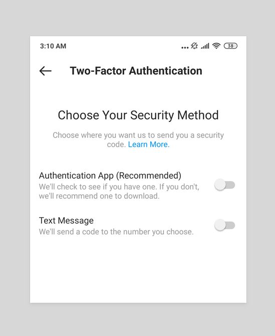 2FA settings on Instagram